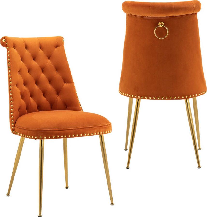 Merax Set van 2 Eetkamerstoelen Velvet Stoelen Oranje met Goud