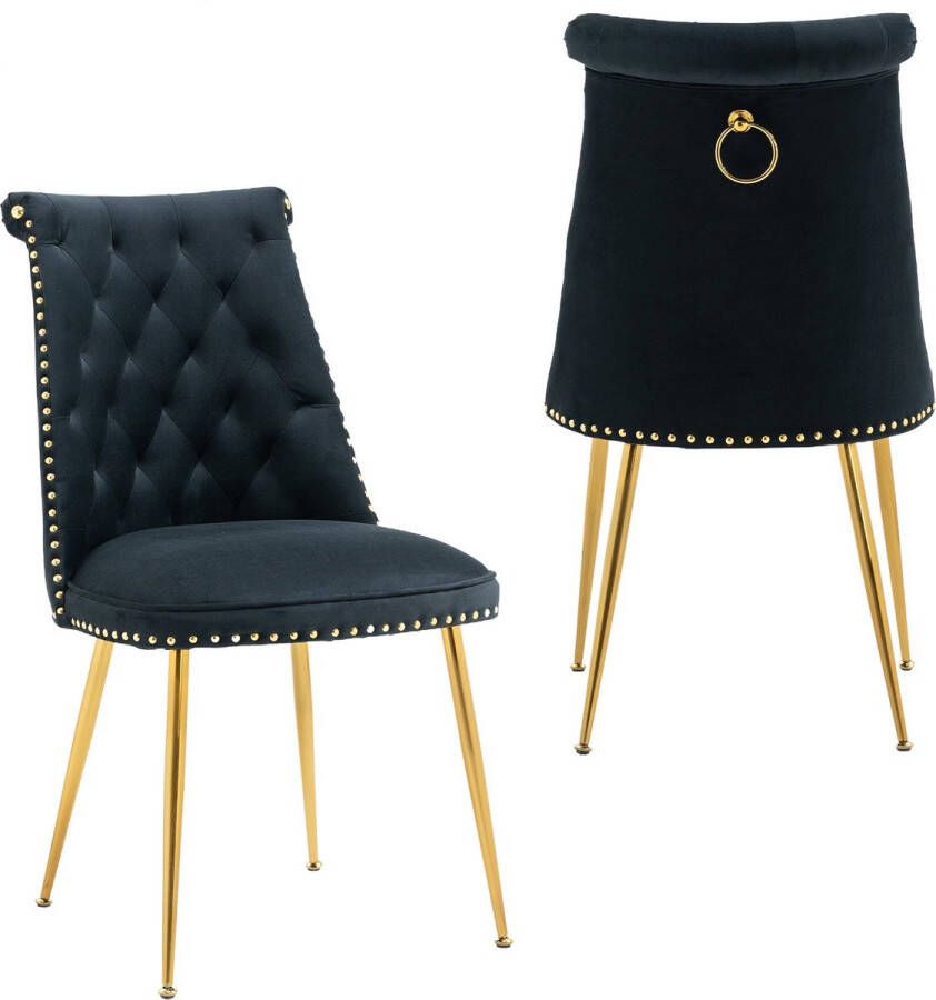 Merax Set van 2 Eetkamerstoelen Velvet Stoelen Zwart met Goud