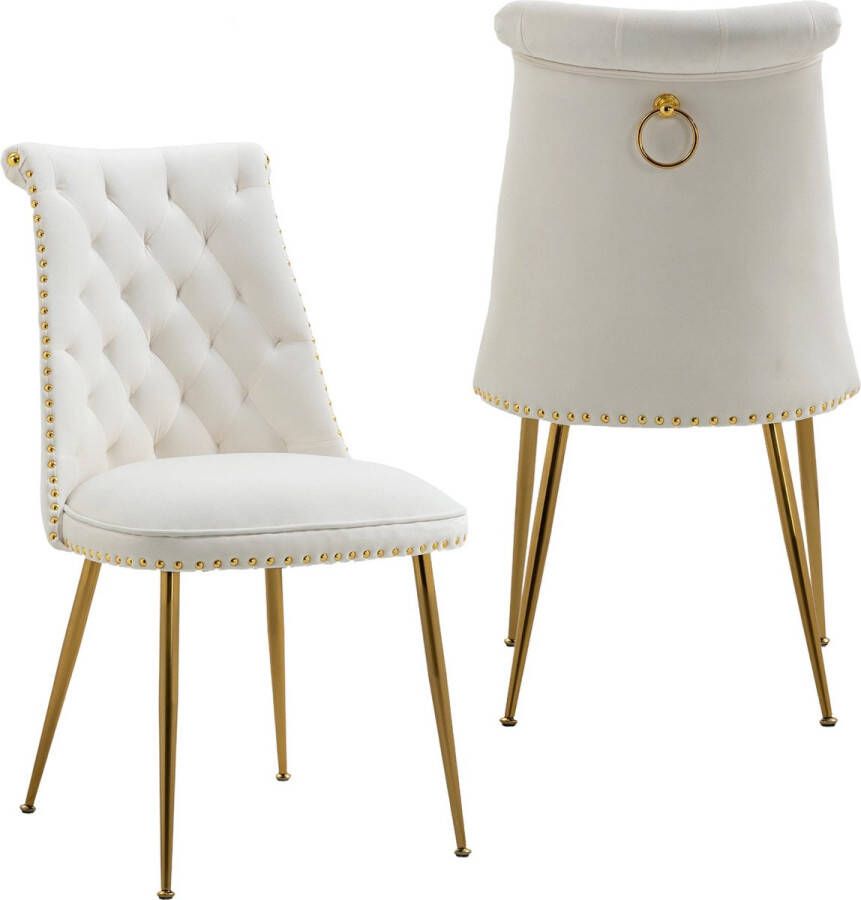 Merax Set van 2 Luxe Eetkamerstoelen Velvet Stoelen Beige met Goud