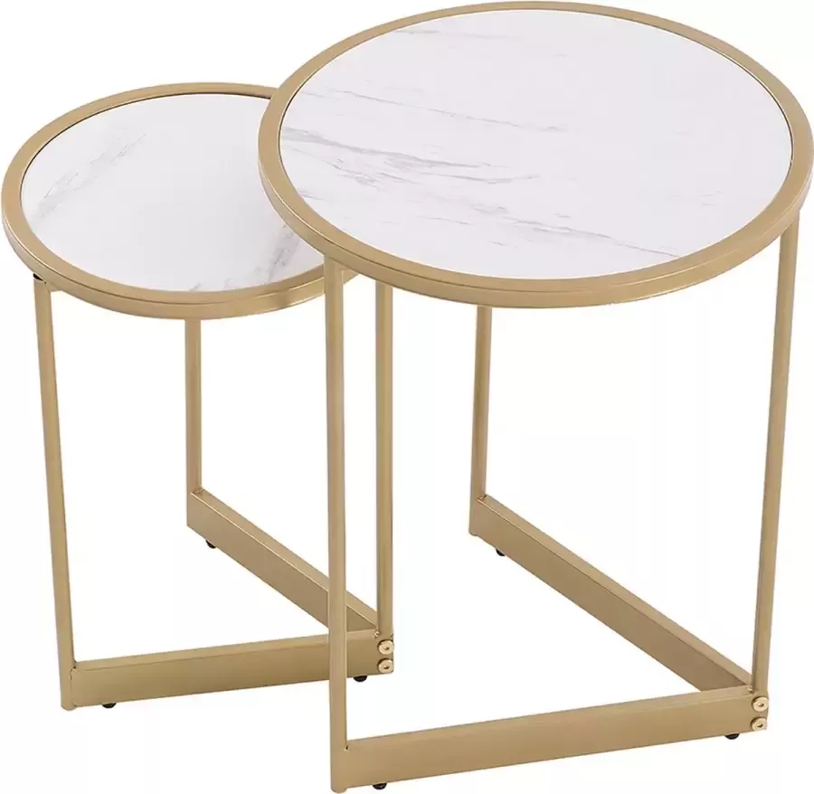 Merax Set van 2 Salontafels Rond – Marmer Salontafel – Wit met Goud