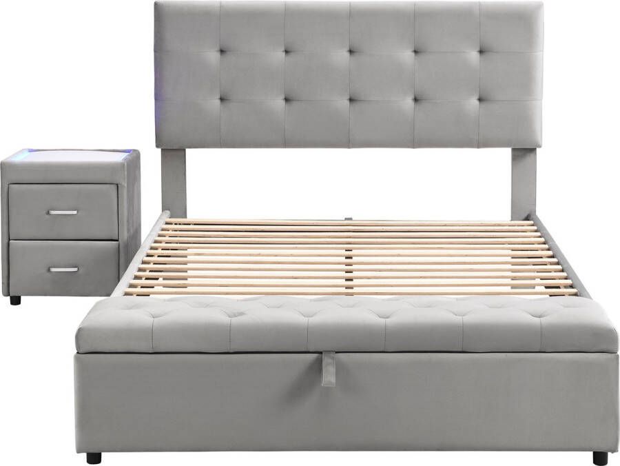 Merax Slaapkamerset 140x200 cm Gestoffeerd Tweepersoonsbed met 1 Nachtkastje en Bed Hocker Grijs