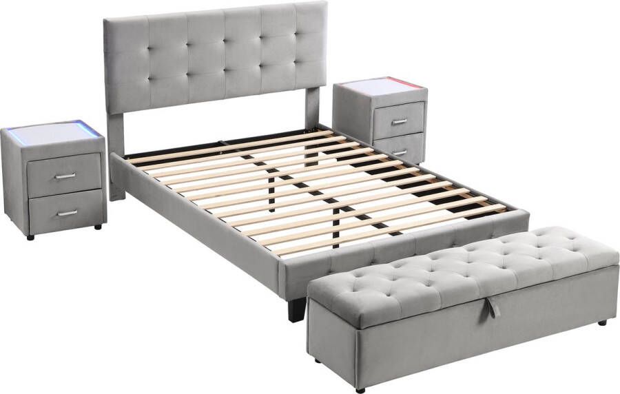 Merax Slaapkamerset 140x200 cm Gestoffeerd Tweepersoonsbed met 2 Nachtkastjes en Bed Hocker Grijs