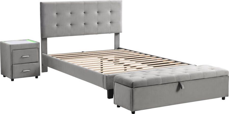 Merax Slaapkamerset Incl. Matras 140x200 cm Gestoffeerd Tweepersoonsbed met 1 Nachtkastje en Bed Hocker Grijs