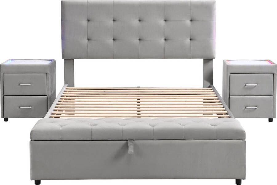 Merax Slaapkamerset Incl. Matras 140x200 cm Gestoffeerd Tweepersoonsbed met 2 Nachtkastjes en Bed Hocker Grijs