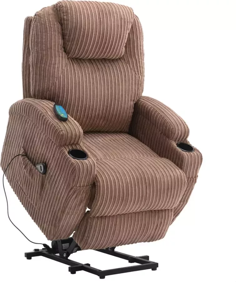 Merax Sta Op Stoel met Massage Functie Elektrisch Relaxstoel met Verwarming Incl. Bekerhouders Bruin