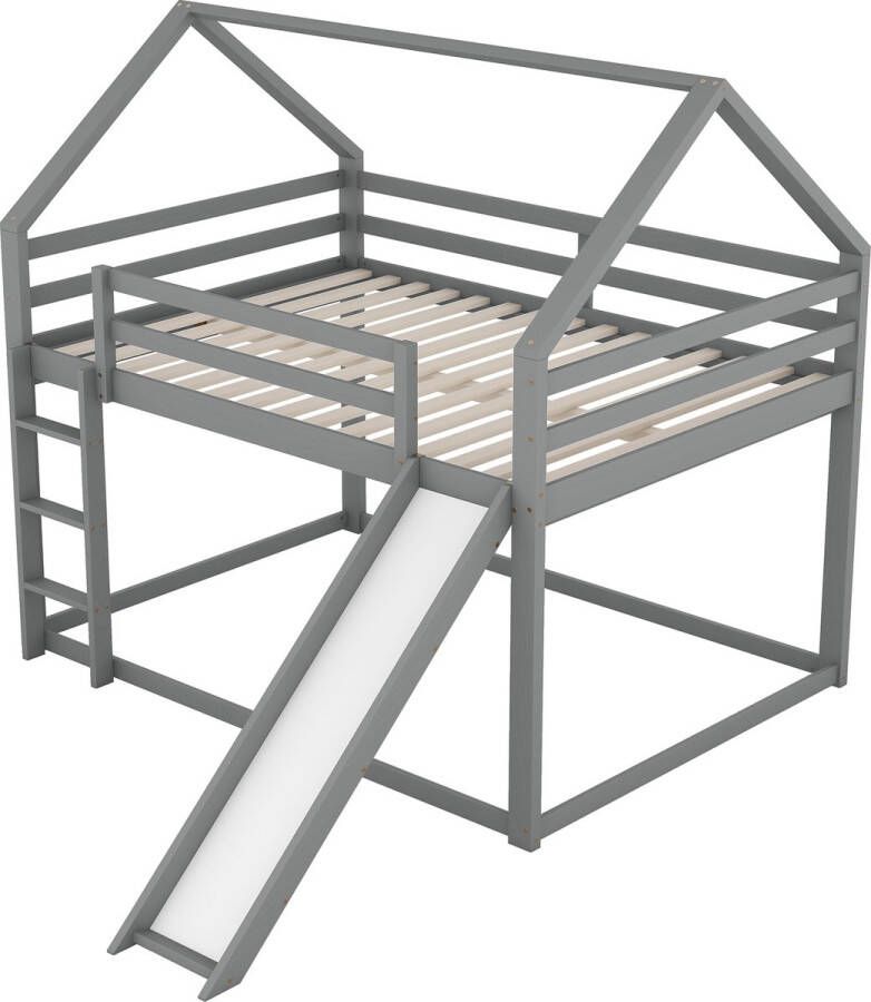 Merax Kinderbed 140x200 cm met Rutsche en Ladder – Hoogslaper met Veiligheidsrek en Opbergruimte – Grijs Houten Bedframe