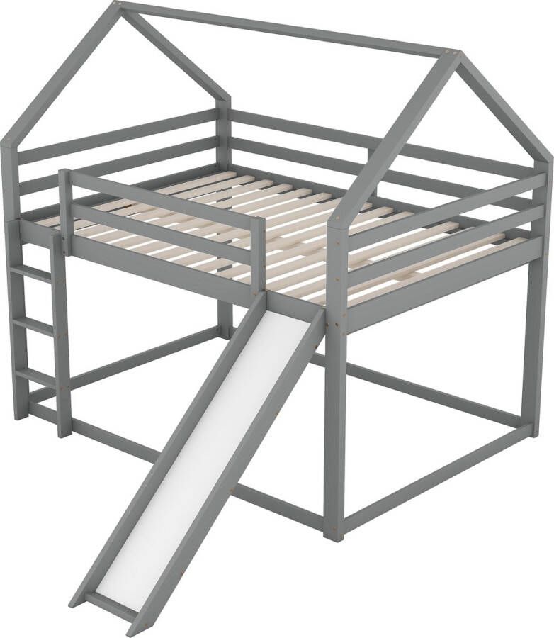 Merax Stapelbed 140 x 200 cm Hoogslaper Met Glijbaan en Ladder Bed voor Kinderen Grijs