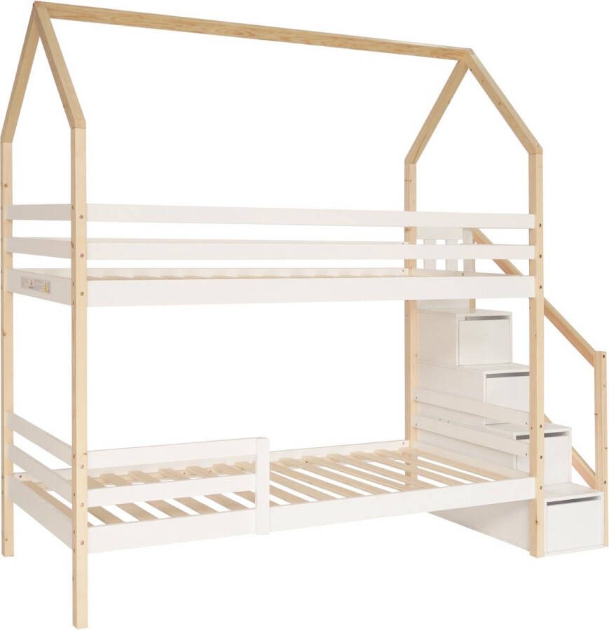 Merax Stapelbed 90 x 200 cm Hoogslaper Met Uitvalbeveiliging Kinderbed met Opbergruimte en Trap Wit met Naturel Hout Bruin - Foto 2