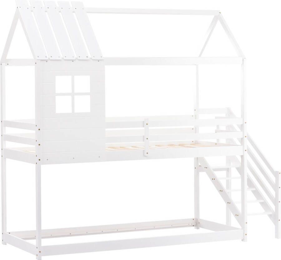 Merax Stapelbed 90 x 200 cm Huisbed Hoogslaper met Trap Bed voor Kinderen Wit