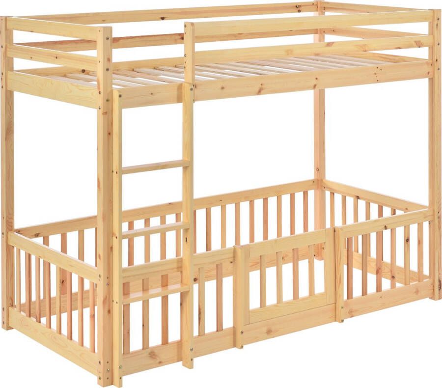 Merax Stapelbed 90x200 cm – Hoogslaper Kinderbed met Uitvalbeveiliging en Speelruimte – Naturel Hout Bruin - Foto 2