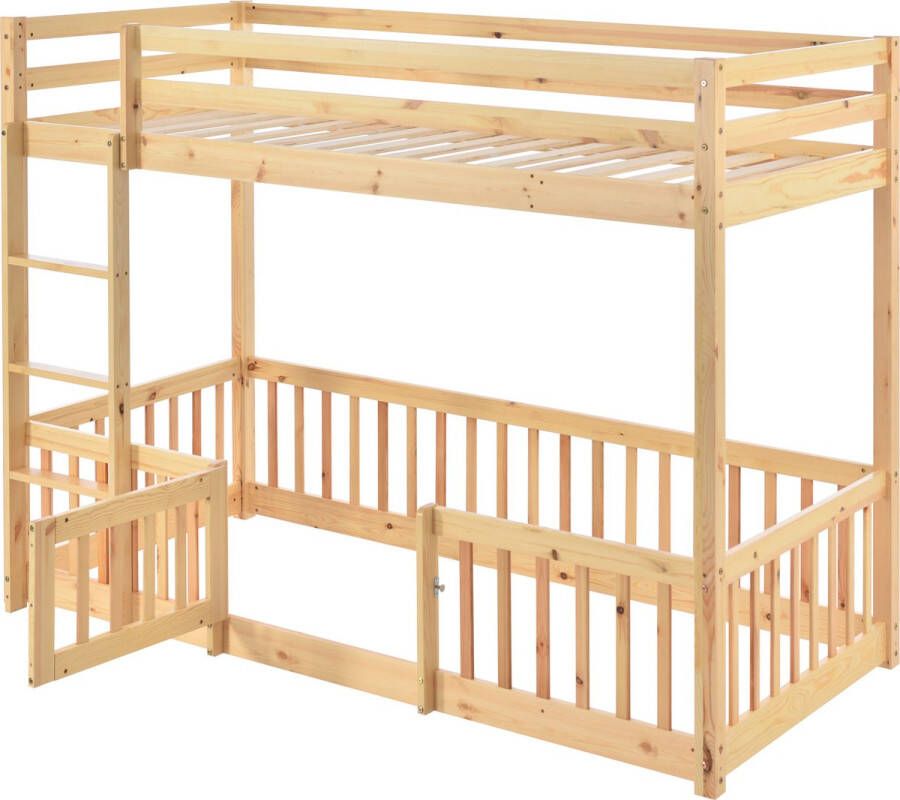Merax Stapelbed 90x200 cm – Hoogslaper Kinderbed met Uitvalbeveiliging en Speelruimte – Naturel Hout Bruin
