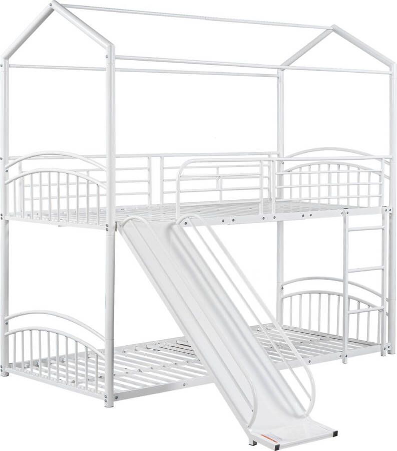 Merax Stapelbed 90x200 cm Bed met Glijbaan en Ladder Huisbed Kinderbed Wit