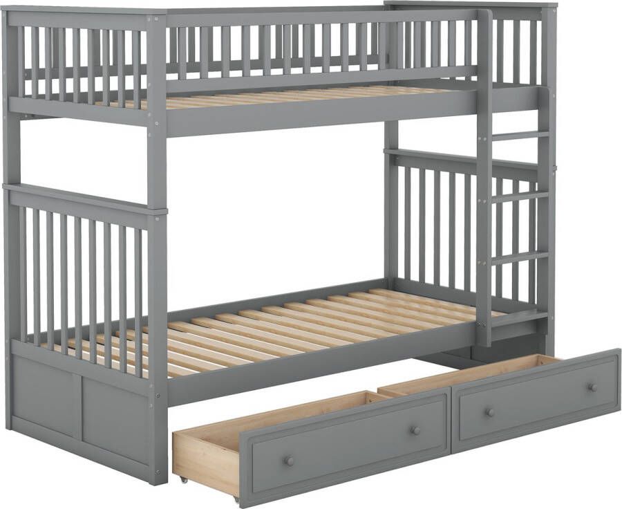 Merax Stapelbed 90 x 200 cm voor Kinderen Multifunctioneel Bed met Schubladen en Cabrio-functie Houten Frame in Grijs