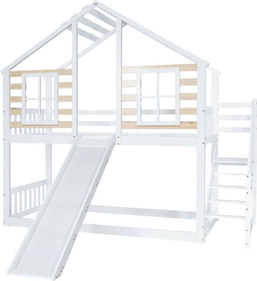 Merax Stapelbed 90x200 cm Huisbed Hoogslaper voor Kinderen Bed met Uitvalbeveiliging Ladder Trap Wit