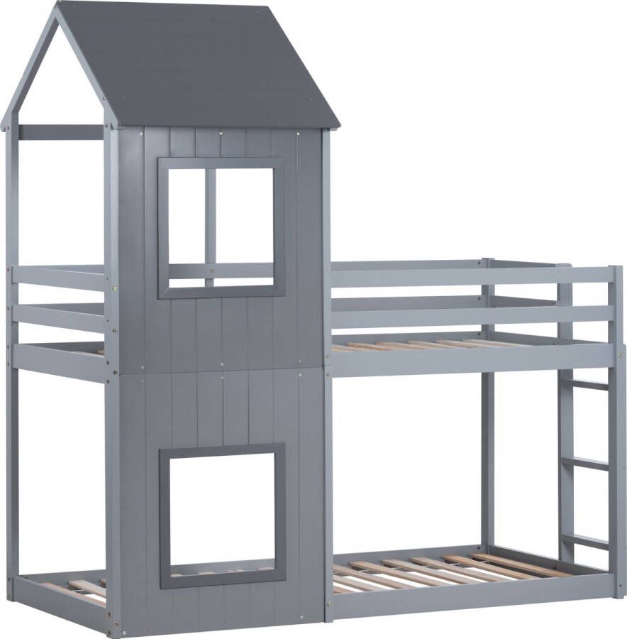 Merax Stapelbed 90x200 cm Huisbed met Raam en Ladder Bed voor Kinderen Grijs - Foto 1
