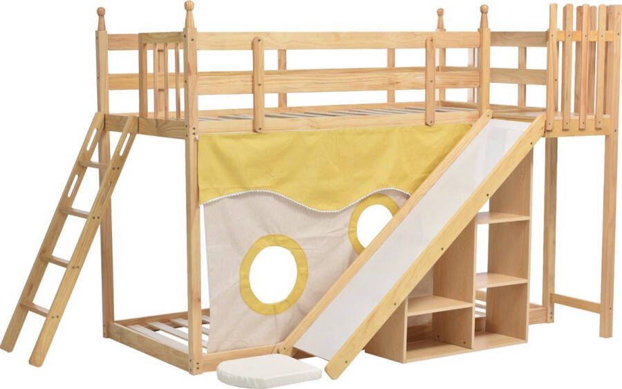 Merax Stapelbed 90x200 cm Kinderbed met Glijbaan Hoogslaper met Opbergruimte Bed met Valbeveiling Bruin