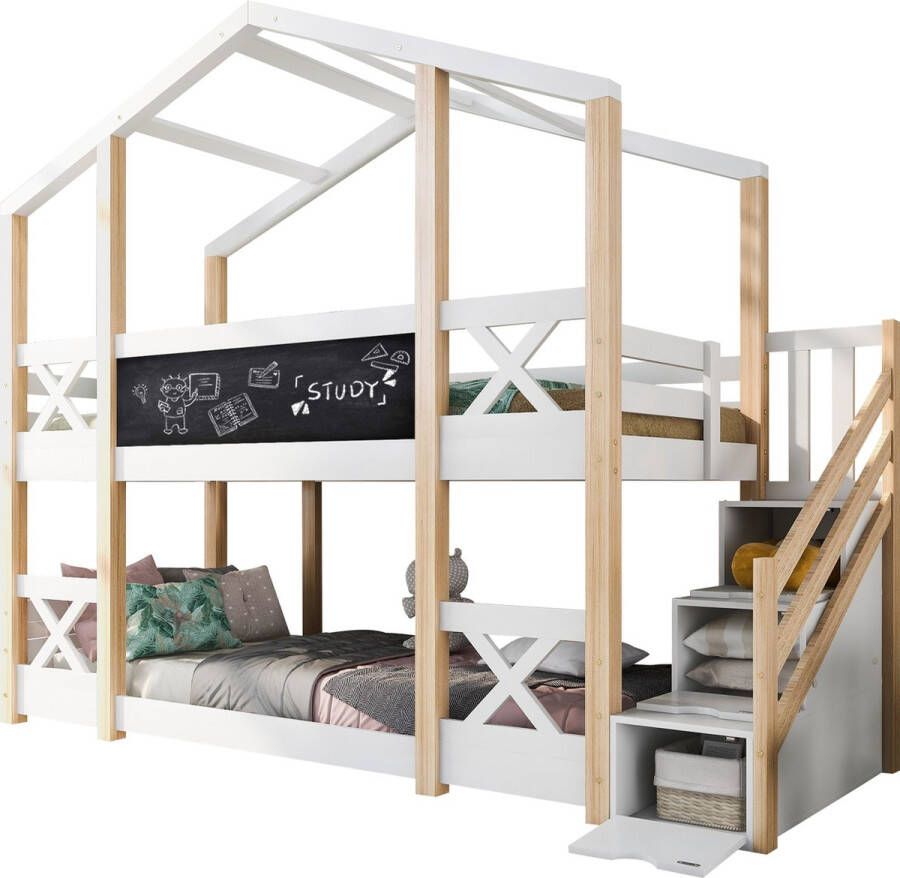 Merax Stapelbed 90x200 cm Kinderbed met Opbergruimte en Valbeveiliging Bed met Trap Wit