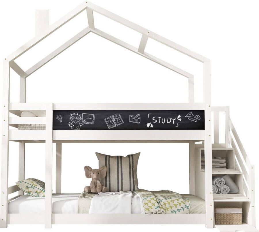 Merax Stapelbed 90x200 cm met Krijtbord Hoogslaper met Opbergruimte en Trap Kinderbed Wit - Foto 2