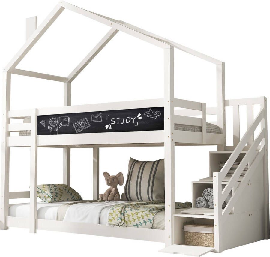 Merax Stapelbed 90x200 cm met Krijtbord Hoogslaper met Opbergruimte en Trap Kinderbed Wit
