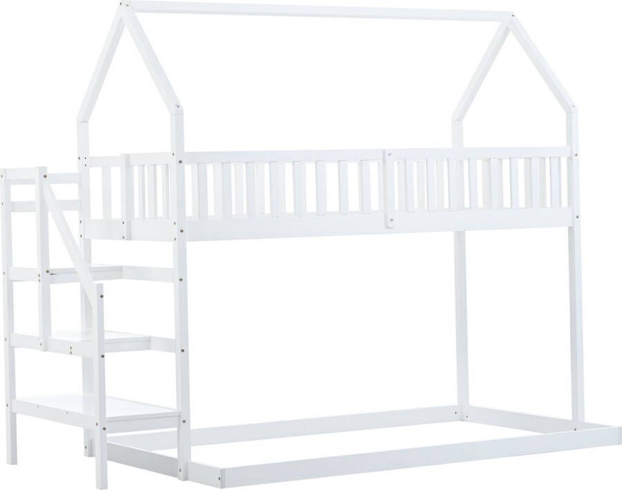 Merax Stapelbed 90x200 & 120x200 Kinderbed met Trap Huisbed met Valbeveiliging Wit