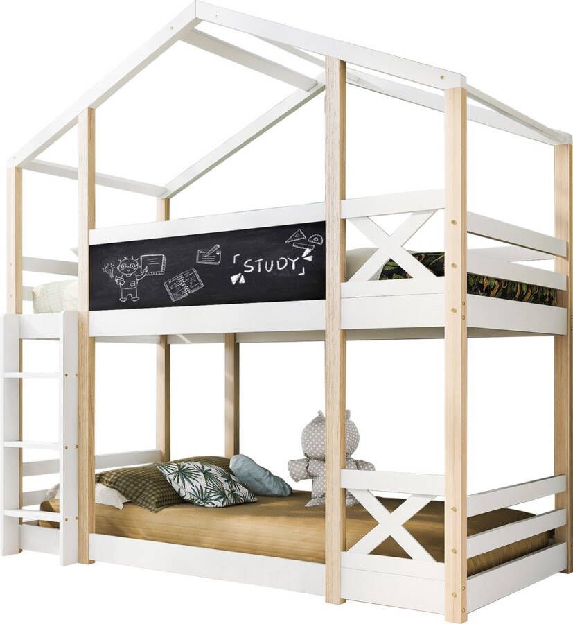 Merax Stapelbed 90x200 Hoogslaper met Krijtbord Bed voor Kinderen met Ladder Wit en Bruin