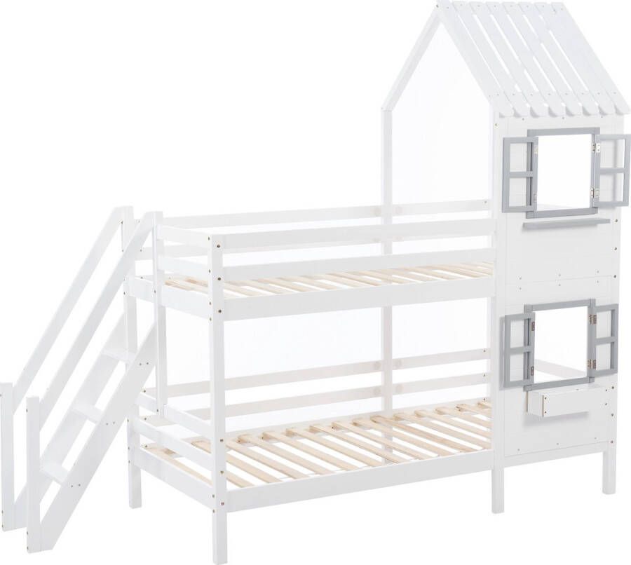Merax Stapelbed 90x200 Huisbed met Raam en Dak Bed voor Kinderen Wit