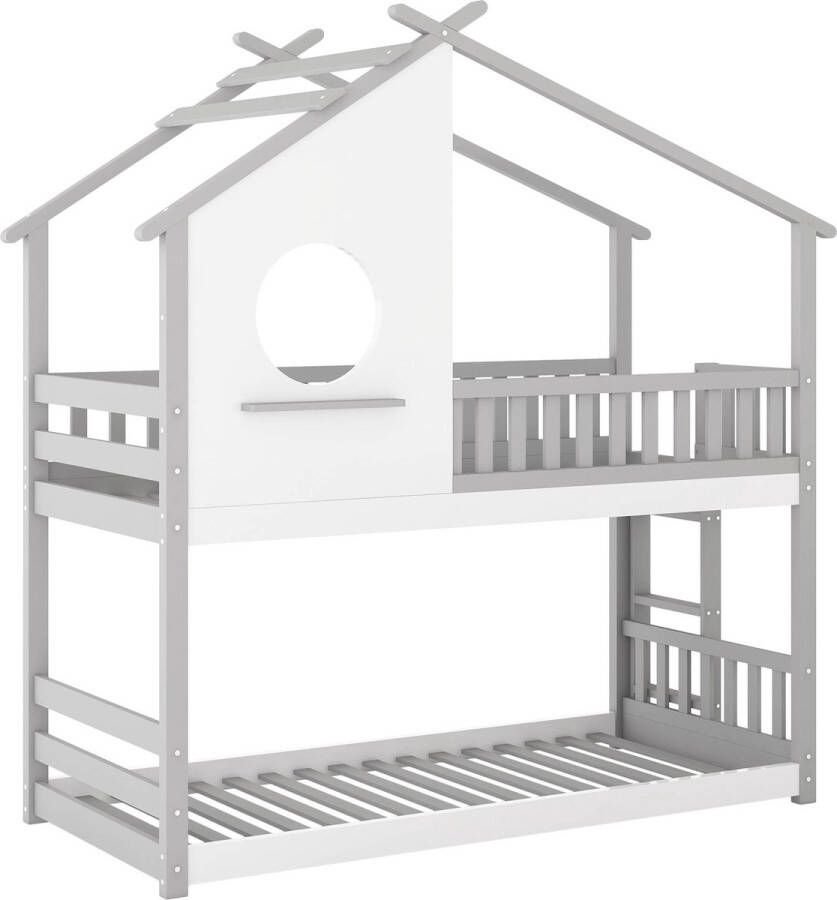 Merax Stapelbed Bed met Ladder Kinder Huisbed met Valbeveiliging Grijs en Wit