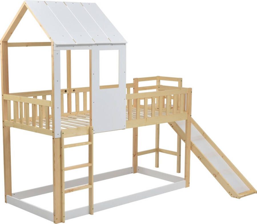 Merax Stapelbed Bed voor Kinderen met Glijbaan Huisbed met Valbeveiliging Naturel & Wit