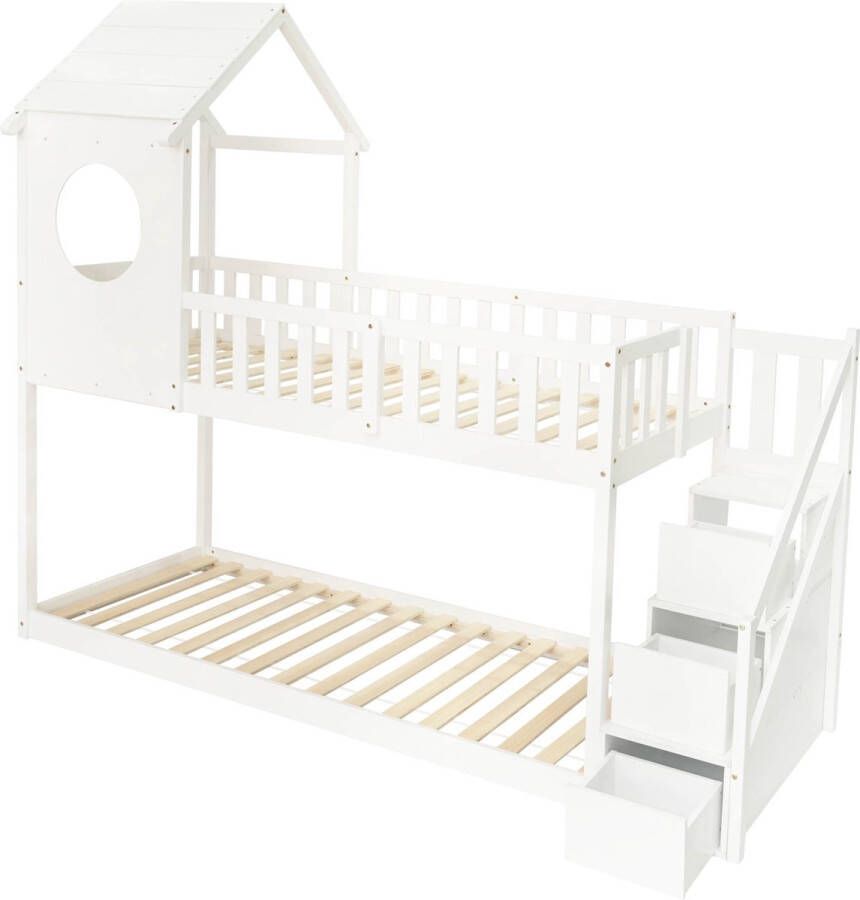 Merax Stapelbed Huisbed voor Kinderen Hoogslaper met Opbergruimte Bed met Trap en Uitvalbeveiliging Wit