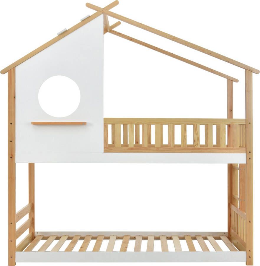 Merax Stapelbed Bed met Ladder Kinder Huisbed met Valbeveiliging Naturel en Wit