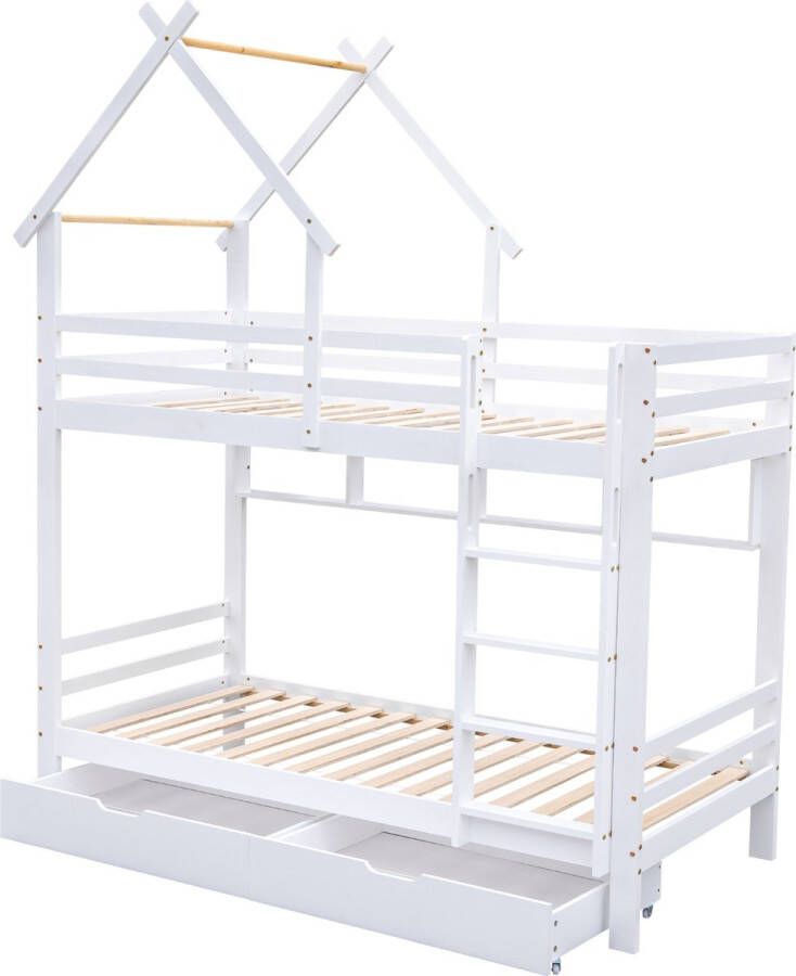 Merax Stapelbed met Opbergruimte Hoogslaper Huisbed met Ladder Bed voor Kinderen Wit