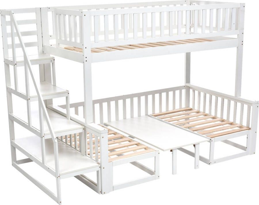 Merax Stapelbed met Trap 90x200 Hoogslaper met Extra bed 120x200 Verstelbare Zitplaats Wit