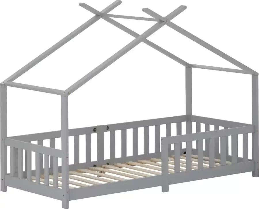 Merax Stijlvol Kinderbed 90x200 cm Kinderbedden met Valbeveiliging Peuterbed Meisjes en Jongens Grijs