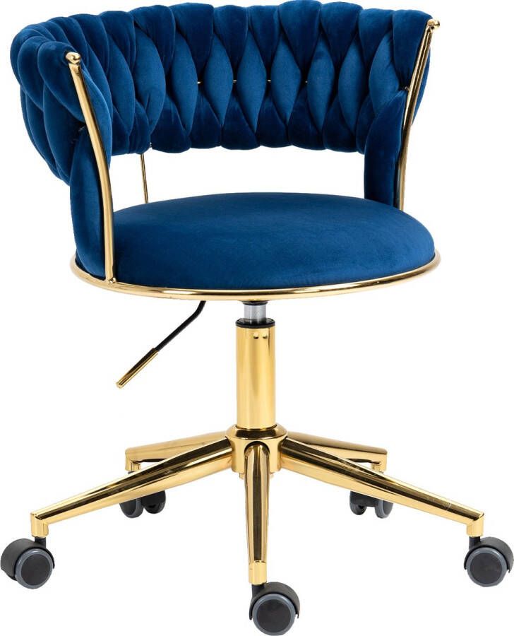 Merax Stoel op Wielen Luxe Bureaustoel Ergonomisch Wieltjes Draaibaar & Verstelbaar Blauw met Goud