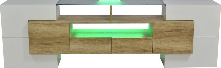 Merax TV-Meubel 200 cm met Glas Hangend TV Kast met LED Verlichting Bruin met Wit - Foto 2