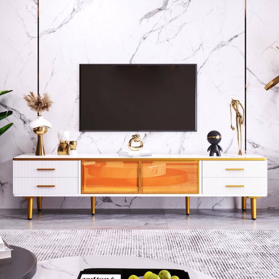 Merax TV-Meubel in Marmerlook met LED-verlichting en Gehard Glas Modern TV-meubel met Gouden Handvatten