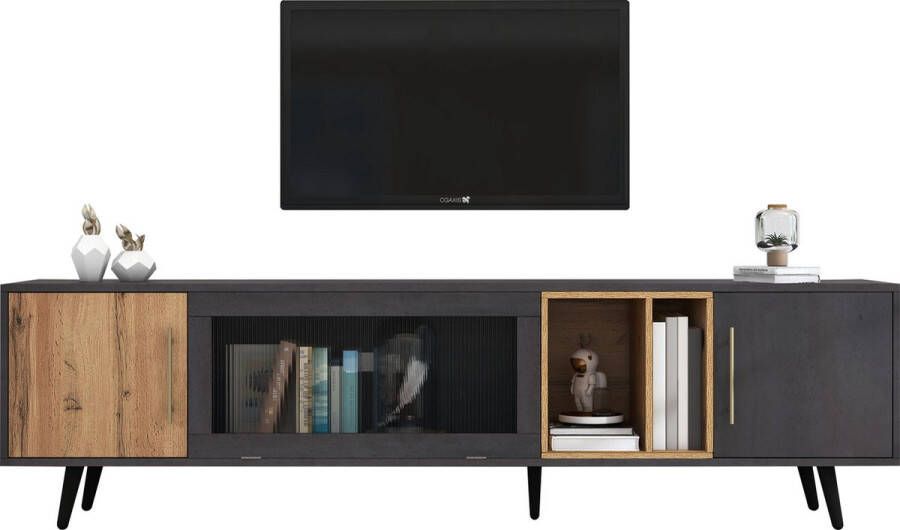 Merax TV Meubel met Glazen Deur TV Kast met Deuren en Vakken Grijs met Bruin