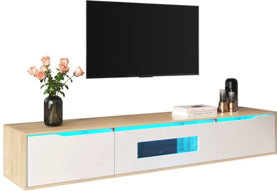 Merax TV Meubel met LED Verlichting Moderne Hoogglans TV-meubel Wit met Naturel Houtkleur