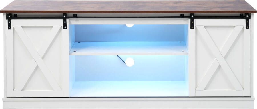 Merax TV Meubel met LED Verlichting TV Kast met Schuifdeuren en Verstelbare Planken Wit met Bruin
