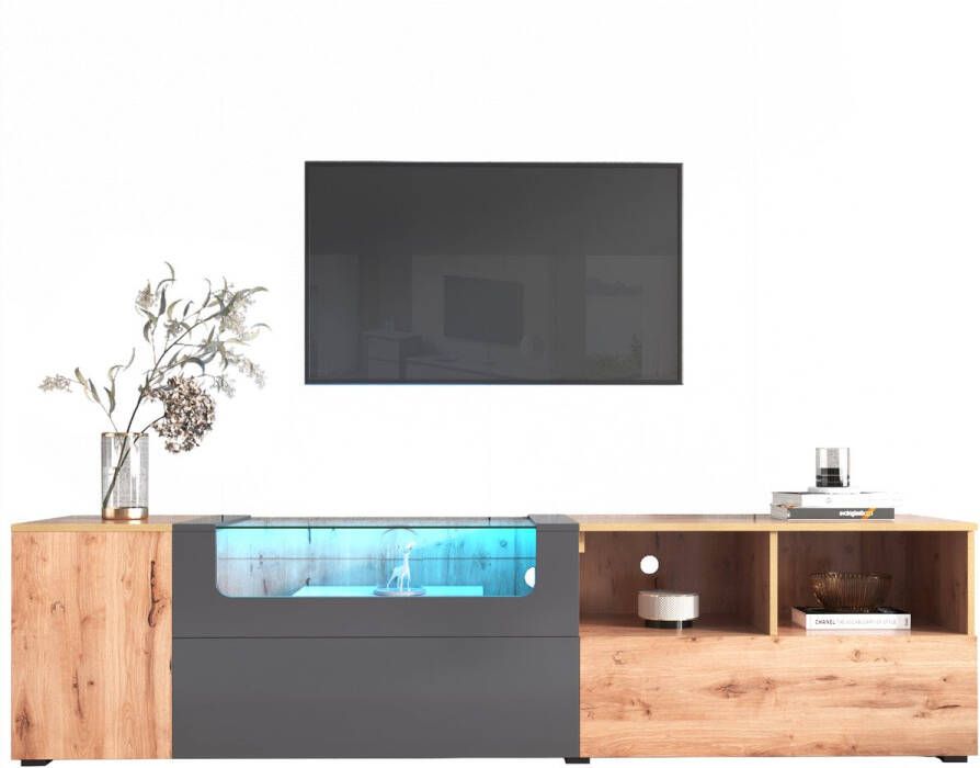 Merax TV-Meubel TV Kast met LED Verlichting TV Meubels met Glas Bruin met Donkergrijs