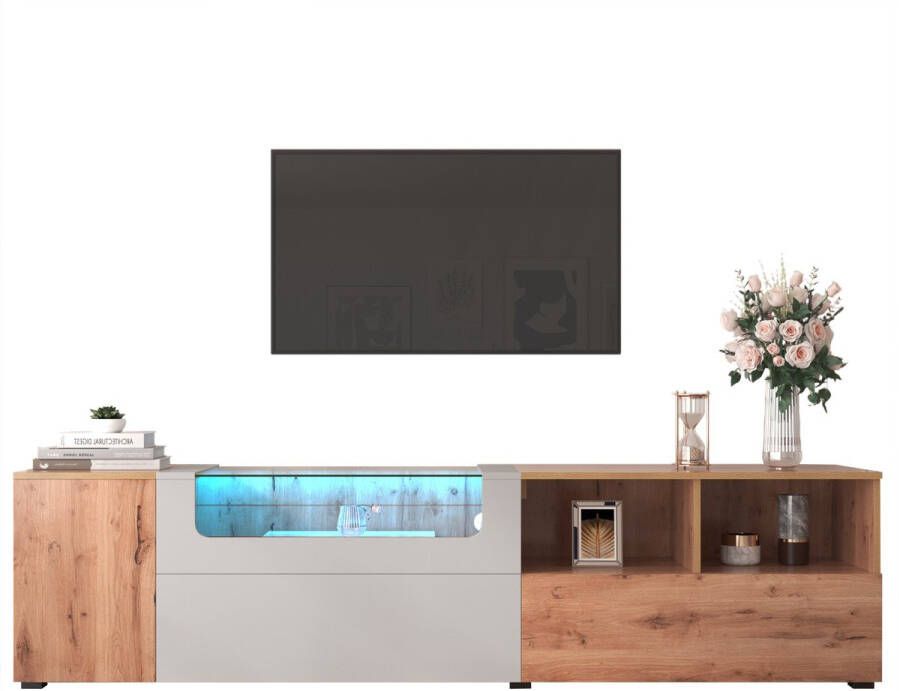 Merax TV-Meubel TV Kast met LED Verlichting TV Meubels met Glas Bruin met Grijs - Foto 1