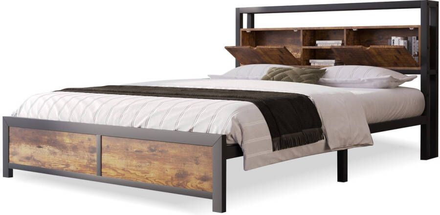 Merax Metalen Bed met Stauraum 140x200 cm Metalen Bedframe met Opbergruimte in Hoofdbord en Lattenbodem