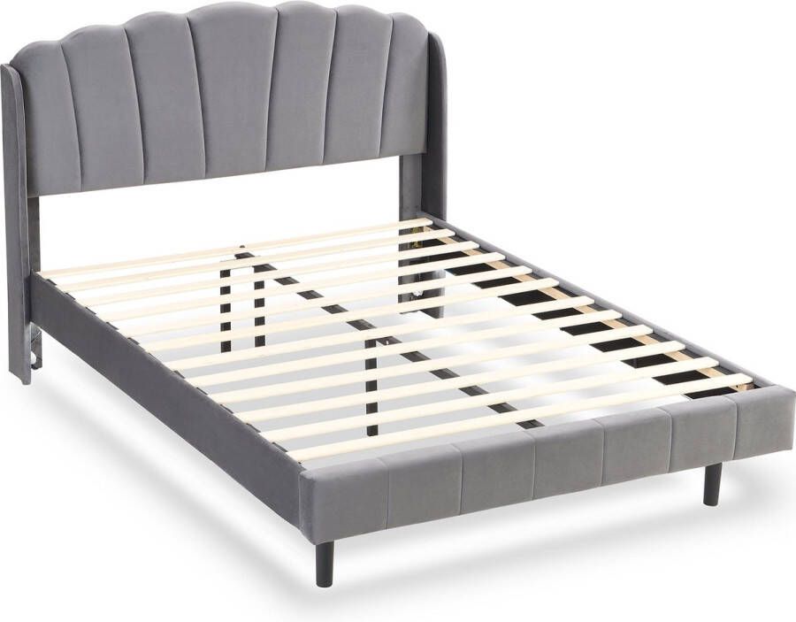 Merax Tweepersoonsbed 140x200 cm Velvet Bed met Bewegingssensitieve LED Verlichting Fluweel Gestoffeerd Grijs
