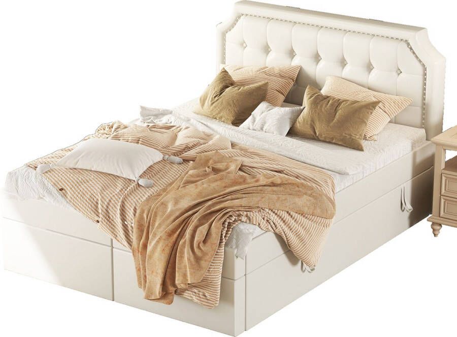 Merax Tweepersoonsbed 140x200 Kunstleer Gestoffeerd Bed met Opbergruimte Wit
