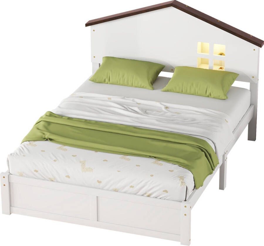 Merax Tweepersoonsbed 140x200cm Kinderbed in Huisvorm Massief Houten Bed met LED Verlichting Wit