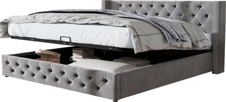 Merax Tweepersoonsbed 160 x 200 cm Gestoffeerd Bed met Hydraulische Opbergruimte Grijs