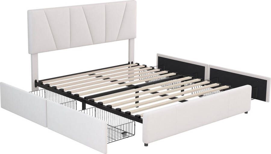 Merax Tweepersoonsbed 160x200 cm Gestoffeerd Bed met Opbergruimte Wit