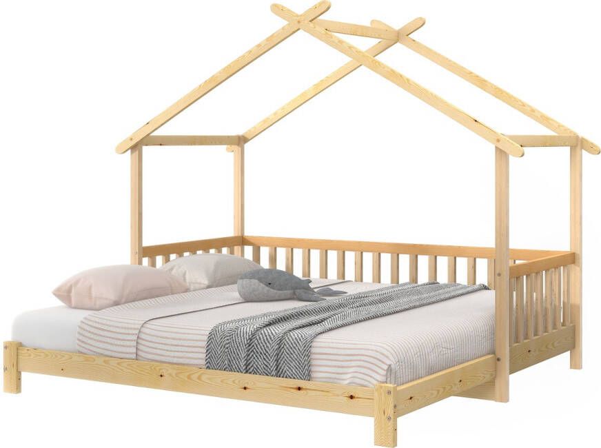 Merax Uitschuifbaar Bed Eenpersoonsbed en Tweepersoonsbed Huisbed Naturel