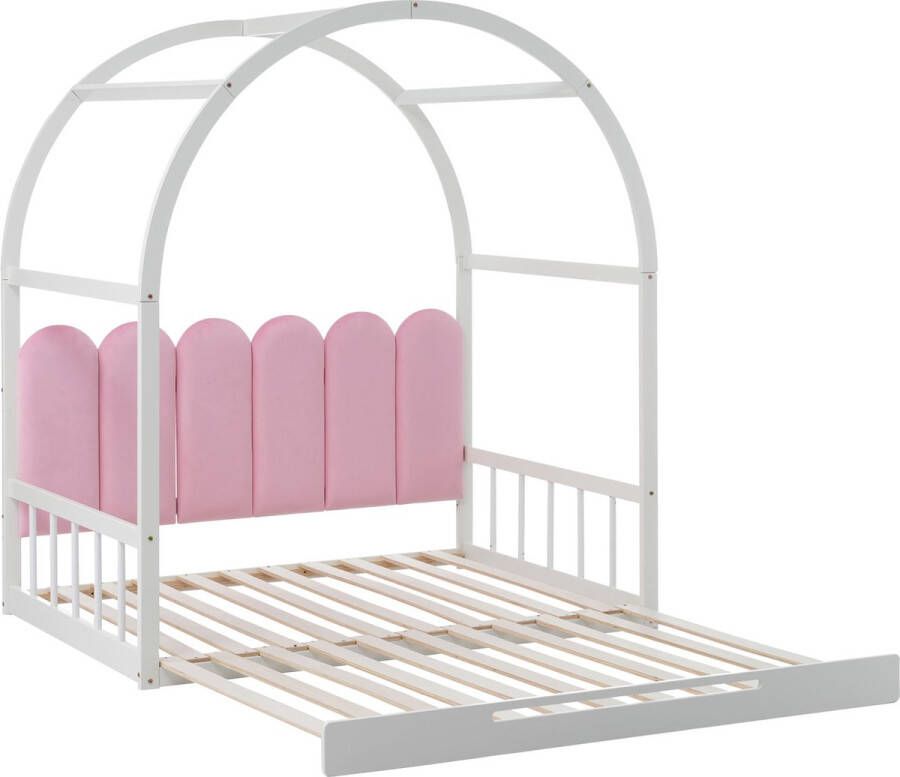 Merax Uitschuifbaar Kinderbed 140x100 & 140x200 cm Uitbreidbaar Peuterbed tot Tweepersoonsbed Wit met Roze