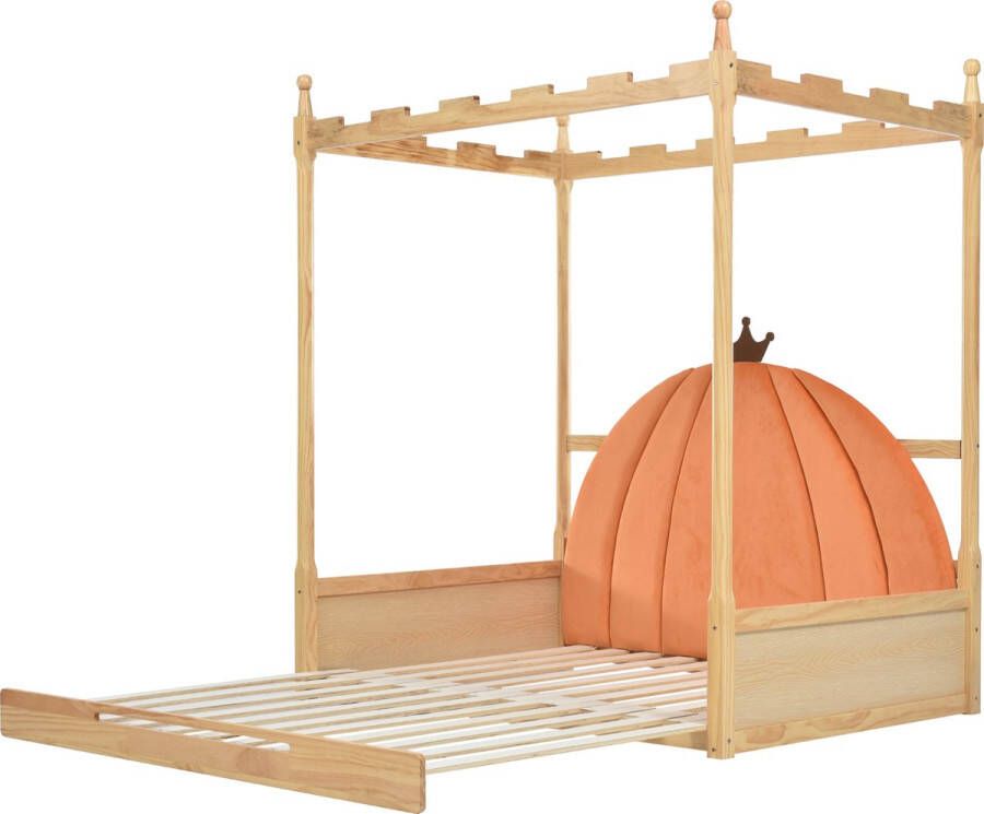 Merax Uitschuifbaar Konings Bed Tweepersoonsbed voor Kinderen Kasteel Kinderbed Naturel & Oranje